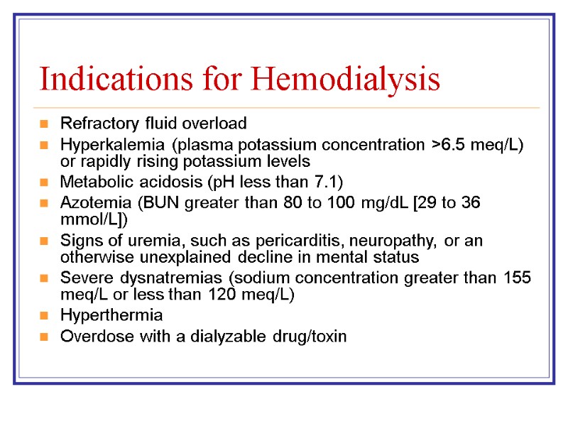 Indications for Hemodialysis Refractory fluid overload  Hyperkalemia (plasma potassium concentration >6.5 meq/L) or